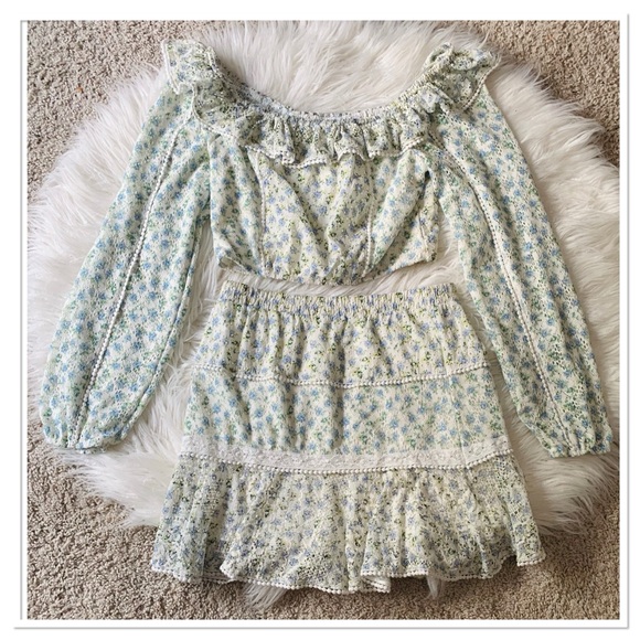 House of Harlow 1960 2 Piece Skirt And Top Set Off Shoulder Eyelet Blue Size S - Picture 1 of 14